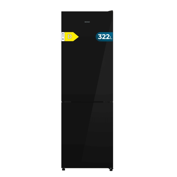 Cecotec Bolero CoolMarket Combi 322i Black Glass D Frigorifico Combi - Capacidad 322L - Luz LED - Temperatura Regulable - Total Nofrost - Puerta de Cristal - Frio Envolvente - 59.5x185.5cm -