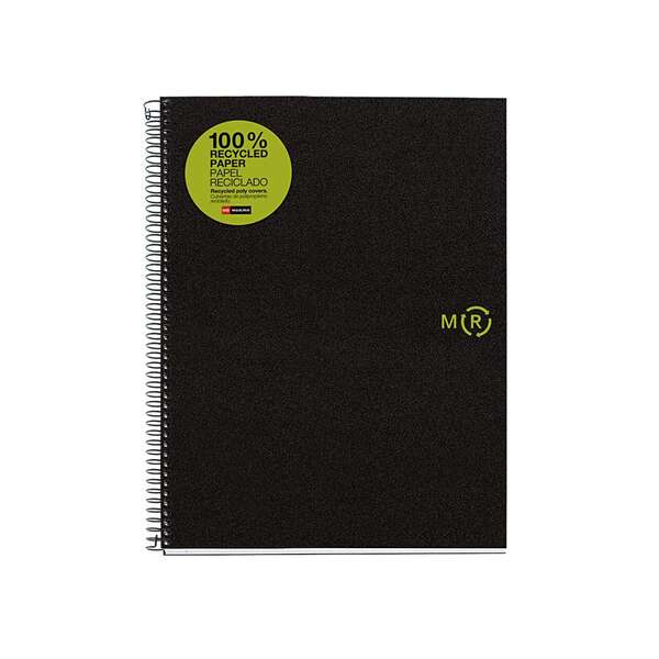 Miquel Rius Notebook4 Eco Cuaderno de Espiral Formato A4 - Papel 100% Recuperado Post-Consumo - 120 Hojas de 80gr Microperforadas con 4 Taladros - Cubiertas de Polipropileno Reciclado - Cuadricula 5x5 - Color Negro · Pack de 5 uds.