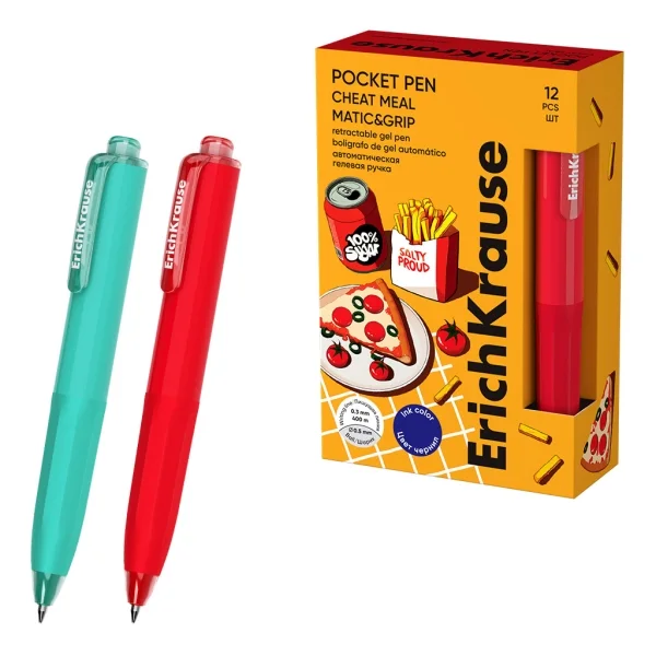 ErichKrause Pocket Pen Matic and Grip Cheat Meal Boligrafo Retractil - Modelos de Cuerpo Surtidos - Trazo 0.3mm - Zona de Agarre de Goma - Color Azul · Pack de 12 uds.