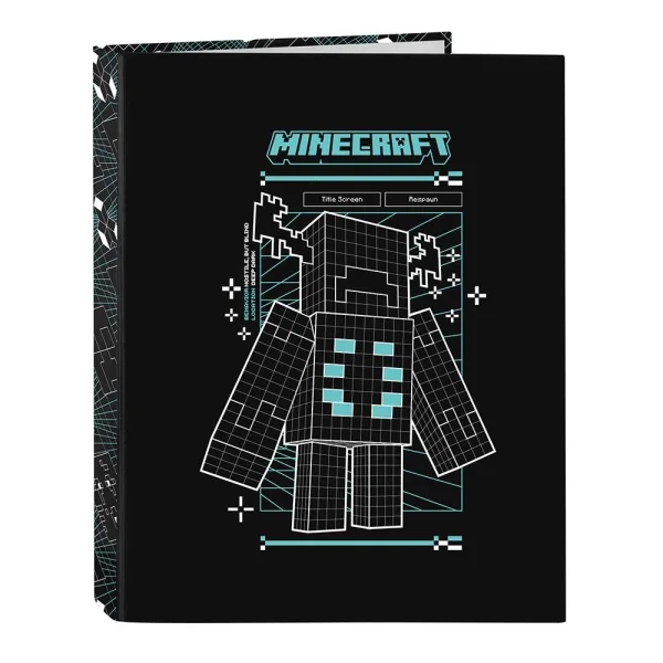 Safta Minecraft Screen Carpeta de 4 Anillas de 25mm - Formato Folio - Tapas Duras Forradas - 26.5x33x4cm - Color Negro