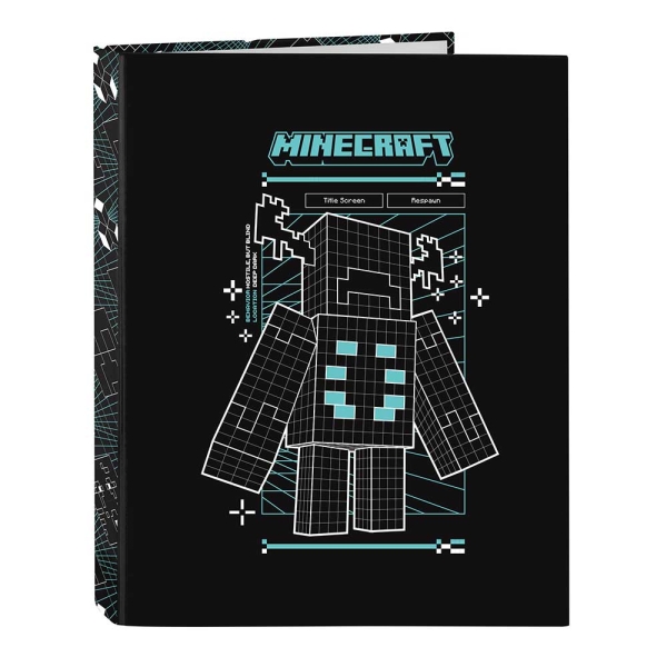 Safta Minecraft Screen Carpeta de 4 Anillas de 25mm - Formato Folio - Tapas Duras Forradas - 26.5x33x4cm - Color Negro