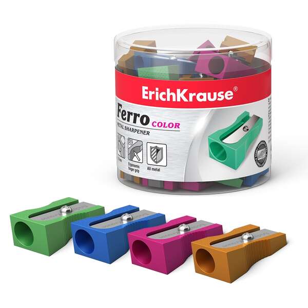 Erichkrause Ferro Color Sacapuntas de Aluminio con Agarre Ergonomico - Orificio de 8mm - Cuchilla de Acero al Carbono - Colores Surtidos · Pack de 48 uds.