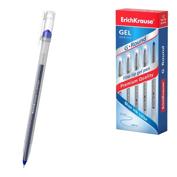 ErichKrause G-Round Stick Classic Boligrafo con Capuchon - Punta de 0.5mm - Trazo 0.3mm - Tinta de Gel - Resistente al Agua - Secado Rapido - Color Azul · Pack de 12 uds.