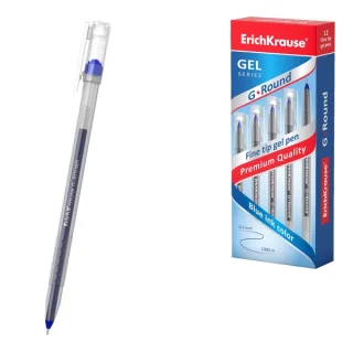 ErichKrause G-Round Stick Classic Boligrafo con Capuchon - Punta de 0.5mm - Trazo 0.3mm - Tinta de Gel - Resistente al Agua - Secado Rapido - Color Azul · Pack de 12 uds.