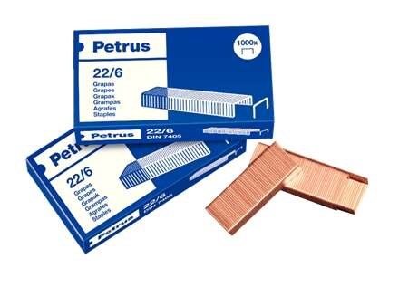 Petrus Caja de 1.000 Grapas 22/6 Cobreadas - Hasta 30 Hojas - Patilla de 6mm