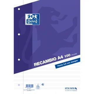 Oxford Recambio de 100 Hojas Pauta de 3.5mm con Margen - 4 Taladros · Pack de 25 uds.