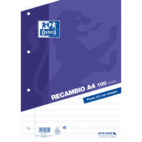 Oxford Recambio de 100 Hojas Pauta de 3.5mm con Margen - 4 Taladros · Pack de 25 uds.