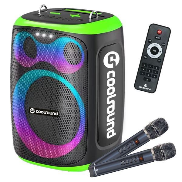 Coolsound Blast Altavoz Karaoke - 8" - 60W RMS - Iluminacion RGB - Bluetooth, USB, Tarjeta TF y Auxiliar - 2 Microfonos Inalambricos Incluidos - Mando a Distancia - Color Verde