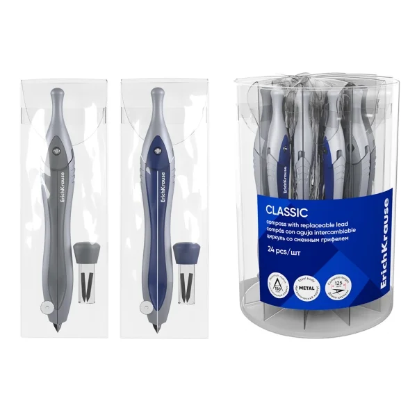 ErichKrause Neon Compas Escolar - Mina de Repuesto - Cuerpo Metalico - Estuche de PVC - 125mm de Longitud - Radio Maximo de 150mm - Colores Surtidos · Pack de 24 uds.