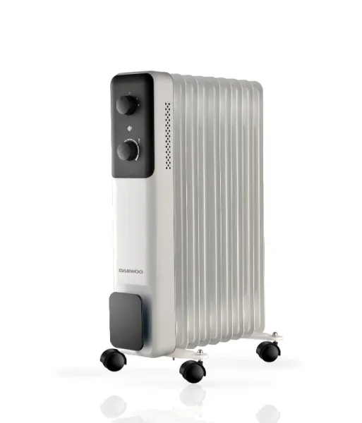 Daewoo DW9506 Radiador de Aceite - Potencia 2000W - 9 Elementos - Termostato Regulable - Ruedas - Asa de Transporte - Funcionamiento Automatico - Color Blanco y Negro