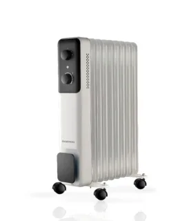 Daewoo DW9506 Radiador de Aceite - Potencia 2000W - 9 Elementos - Termostato Regulable - Ruedas - Asa de Transporte - Funcionamiento Automatico - Color Blanco y Negro