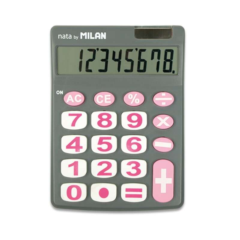 Milan Nata Calculadora de Sobremesa 8 Digitos - Teclas Grandes - Apagado Automatico - Color Gris y Rosa