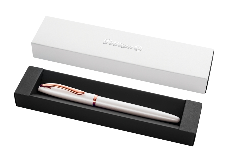 Pelikan Jazz Noble Pluma Estilografica - Punta M - Cuerpo Satinado con Detalles Cromados - Mecanismo de Cartucho Universal - Estuche de Regalo - Color Perla