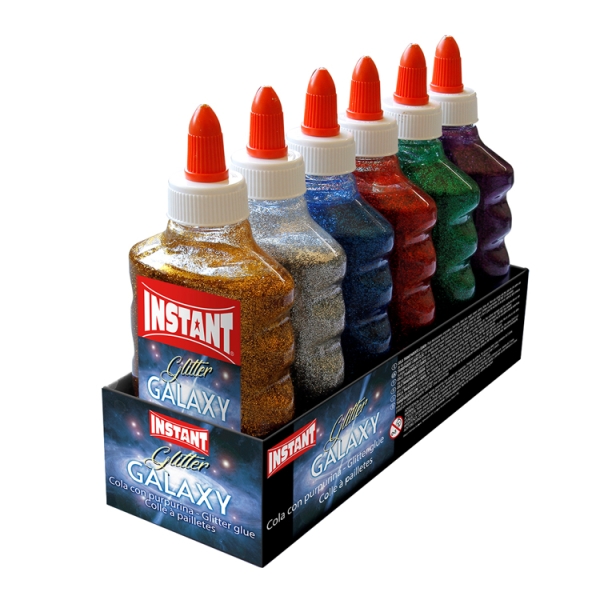 Instant Glitter Galaxy Cola con Purpurina 180ml - Apto para Uso Infantil y/o Domestico - Sin Disolventes - Colores Metalicos Surtidos · Pack de 6 uds.