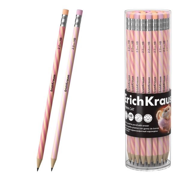 ErichKrause Prima Cat Lapiz de Grafito con Goma de Borrar - Mina HB - Cuerpo Redondo - Plastico - Agarre Ergonomico - Colores Surtidos · Pack de 42 uds.