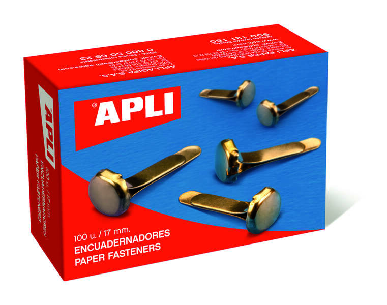 Apli Caja de 100 Encuadernadores Metalicos 12mm sin Arandela - Aptos para todo tipo de Documentos - Ideales para Encuadernar y Manualidades - Color Dorado