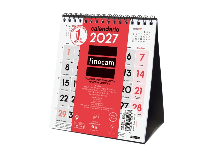 Finocam Neutro Calendario de Sobremesa - Anual 2027 - Mes Vista - Formato XS - 140x150mm - Espiral Doble - Papel de 120g/m2 - Numeros Grandes - Color Rojo y Blanco