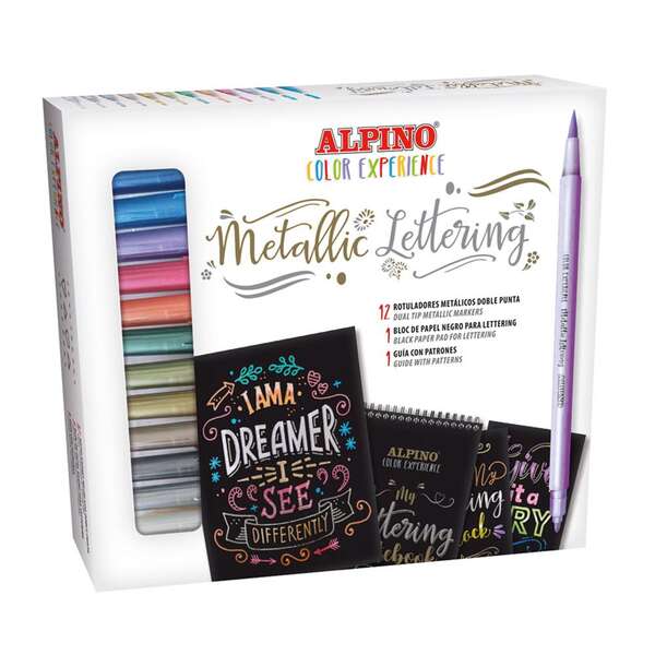 Alpino Color Experience Kit de Iniciacion al Lettering con 12 Rotuladores Metalicos de Doble Punta, Punta Fina y Punta Pincel + 1 Bloc de Papel Negro Especial Lettering + 1 Guia con 20 Patro