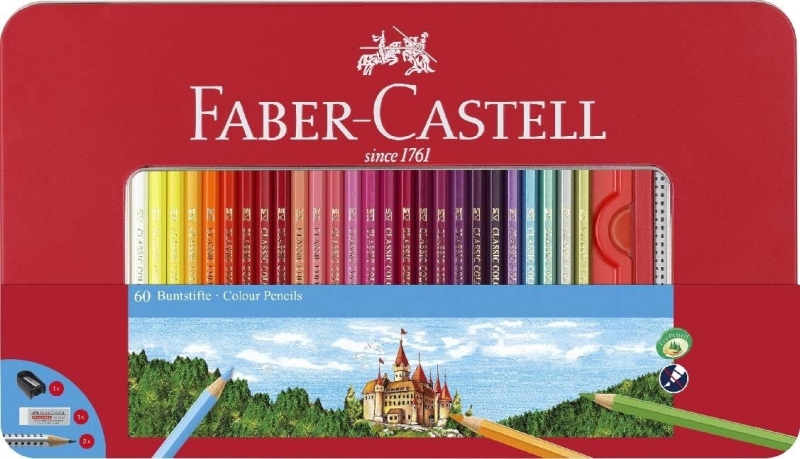 Faber-Castell Classic Colour Caja Metalica con 60 Lapices de Colores Hexagonales + 2 Lapices de Grafito, Goma de Borrar y Sacapuntas - Resistencia a la Rotura - Colores Surtidos