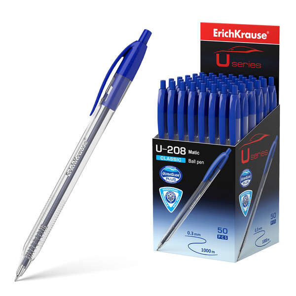 Erichkrause Boligrafo Automatico U-208 Classic Matic - Ultra Glide Technology - Cuerpo Transparente con Grip - Color Azul · Pack de 50 uds.