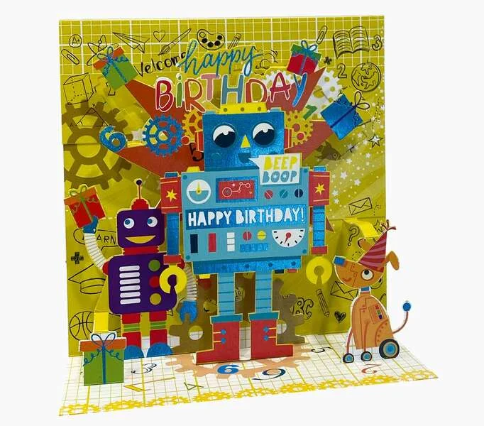Pictura Tarjeta 3D Pop-Up - 16x16cm - Tematica Robots - Embolsada Individualmente - Incluido Sobre Blanco - Papel con Certificacion FSC