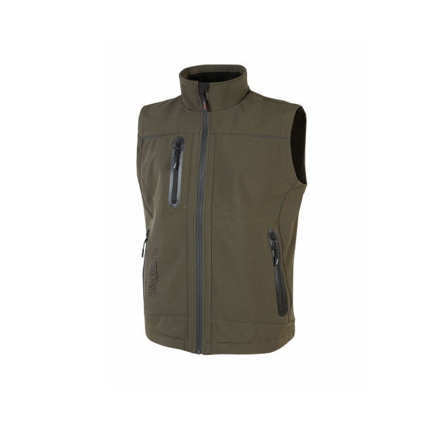 Upower Universe Chaleco Softshell Impermeable - Talla 2XL - Transpirable y Resistente al Viento, Forro Micropolar, Cremallera Impermeable, Bolsillo Free Sound, Detalles Reflectantes, Proteccion DPI1 - Color Verde Oscuro