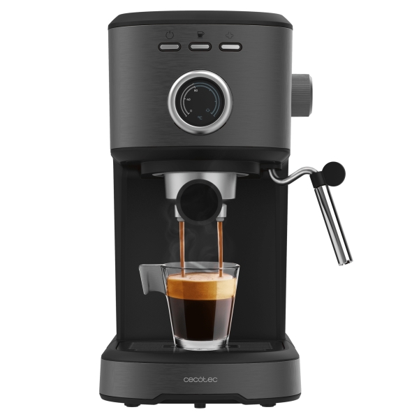 Cecotec Power Espresso 20 Pecan Steel Cafetera Espresso - 1100W - 20Bar - Vaporizador Orientable - Capacidad Deposito 1.25L - Calienta Tazas - Control de Temperatura en Salida - Color Negro
