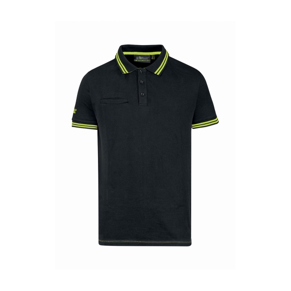 Upower Way Polo Hombre Manga Corta - Talla 2XL - Algodon Stretch, Ajuste Slim Fit, Ribetes en Contraste, Cierre Tres Botones, Aberturas Laterales, Proteccion DPI1 - Color Negro Carbon