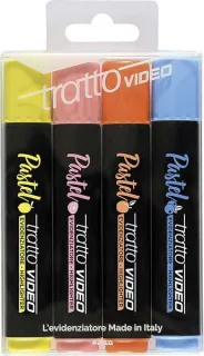 Tratto Video Pastel Pack de 4 Marcadores Fluorescentes - Punta Biselada - Tinta al Agua - Secado Rapido - Colores Surtidos
