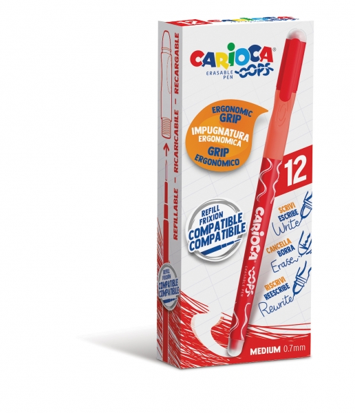 Carioca Oops Boligrafos Borrables - Tinta Termo Sensible - Empuñadura Ergonomica Triangular - Punta de Ø 0.7mm - Doble Goma - Color Rojo · Pack de 12 uds.