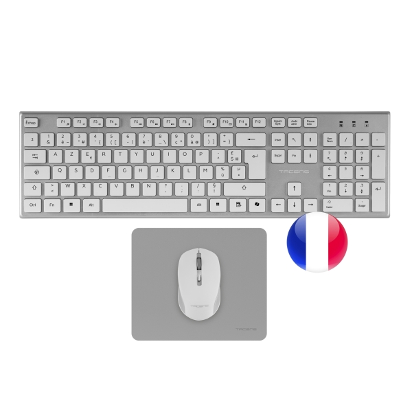 Tacens Zenith Combo Pack Inalabrico de Teclado Completo + Raton y Alfombrilla - Disposicion Francesa AZERTY FR - Teclas Silenciosas de Perfil Bajo - Sensor de 3200dpi - Conexion Dual Link 2.