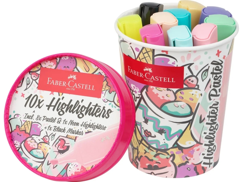 Faber-Castell Textliner 46 Pastel Pack de 10 Marcadores Fluorescentes - Diseño del Pack Tarrina de Helado - Punta Biselada - Trazo entre 1mm y 5mm - Tinta con Base de Agua - Colores Surtidos
