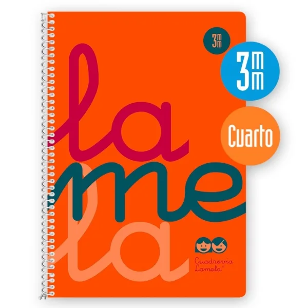 Lamela Cuaderno Espiral con 80 Hojas de 90g/m2 con Margen - Formato Cuarto - Pauta Cuadrovia de 3mm - Cubierta Extra Dura - Papel Offset Blanco Extra - Color Naranja