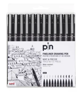Uni-ball Uni Pin Pack de 12 Rotuladores Calibrados 0.03, 0.05, 0.1, 0.2, 0.3, 0.4, 0.5, 0.6, 0.7, 0.8, Brush - Punta Poliacetal - Tinta Pigmentada Resistente al Agua y Luz - Para Dibujo Prof