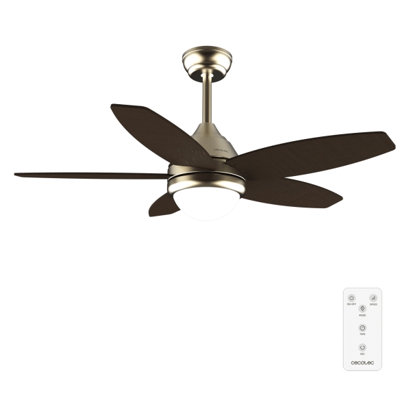 Cecotec EnergySilence Aero 4200 GoldDarkWood Ventilador de Techo con 5 Aspas de Madera y Luz - 53W - Diametro de 42" - LED - Temporizador - 3 Velocidades - Modo Invierno - Color Dorado y Neg