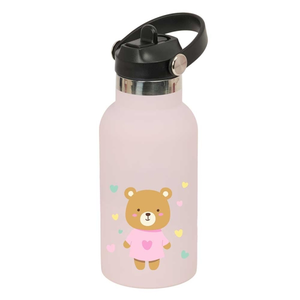 Safta Osito Botella Isotermica Infantil - Capacidad 350ml - Tapon Roscado con Valvula - Base de Silicona - Asa Superior - Acero Inoxidable - 12h Caliente - 24h Frio - 19.5x7.3cm - Color Rosa