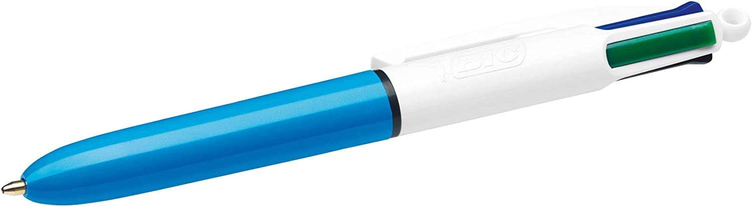 Bic 4 Colours Mini Boligrafo de Bola Retractil - Punta Media de 1mm - Trazo de 0.4mm - Tinta con Base de Aceite - Cuerpo Blanco/Azul - 4 Colores · Pack de 12 uds.