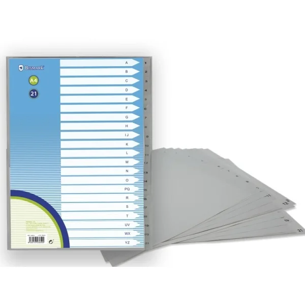 Bismark Indice Numerico con Pestañas del 1 al 21 - Multitaladro - Formato A4 - Fabricados en Polipropileno - Color Gris · Pack de 12 uds.