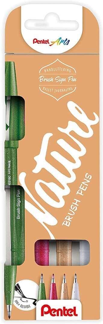 Pentel Brush Sing Pen Nature Pack de 4 Rotuladores con Punta de Pincel - Lineas Finas o Gruesas dependiendo de la Presion - Fabricados con 81% de Plasticos Recicldos - Colores Verde Oliva, R