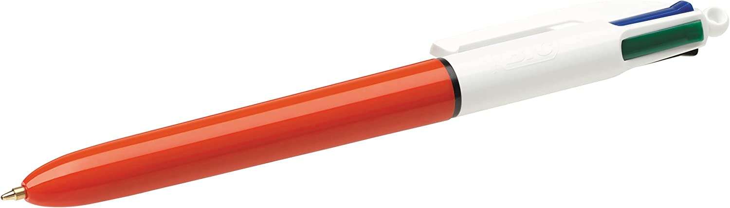 Bic 4 Colours Original Fine Boligrafo de Bola Retractil - Punta de 0.8mm - Trazo de 0.36mm - Tinta con Base de Aceite - Cuerpo Naranja/Blanco - 4 Colores · Pack de 12 uds.