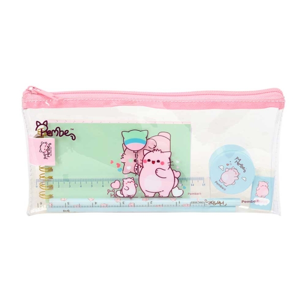 Safta Pembe The Pink Cat Pack Escolar con Portatodo de PVC - Cierre ZIP - Regla 15cm - 2 Lapices - Sacapuntas - Goma - Bloc de Notas con 70 Hojas - 225x105mm - Color Transparente