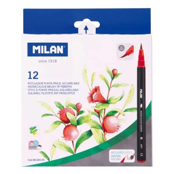 Milan Pack de 12 Rotuladores Acuarelables - Tinta al Agua - Punta de Pincel 0.5 a 6mm - Colores Surtidos