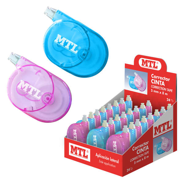 Dohe MTL Expositor de 12 Correctores Cinta Aplicacion Lateral - 5mm de Ancho - Aplicacion Limpia y Precisa - Rapida Cobertura - Cuerpo de Plastico Transparente - Colores Azul y Rosa · Pack d