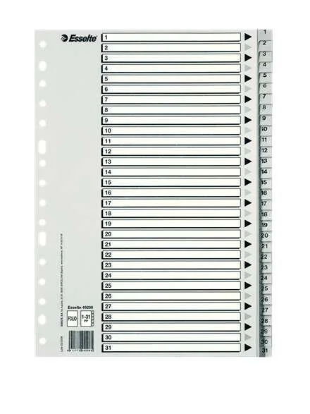 Esselte Bolsa de 25 Indices Numericos de Plastico - Pestañas 1 al 31 - Multitaladro - Formato Folio - Color Gris · Pack de 25 uds.