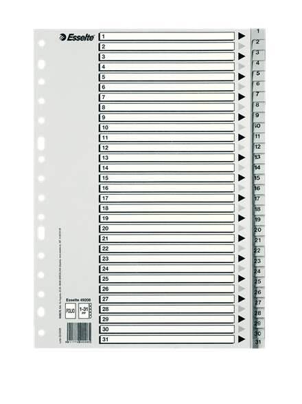 Esselte Bolsa de 25 Indices Numericos de Plastico - Pestañas 1 al 31 - Multitaladro - Formato Folio - Color Gris · Pack de 25 uds.