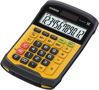 Casio WM-320T Calculadora de Sobremesa de 12 Digitos - Teclado Desprendible y Lavable IP54 - Pantalla Grande - Simbolos de Comando de Funcion - Alimentacion Solar y Pilas - Color Amarillo/Ne