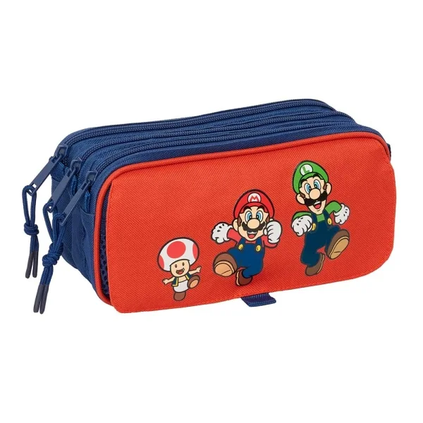 Safta Super Mario Mamma Mia Portatodo - 3 Compartimentos con Cremalleras - Bolsillo Frontal - Cinta Adaptable - 1.72L - 215x80x100mm - Color Rojo y Azul