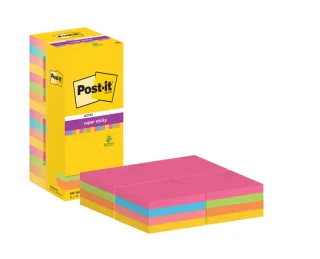 Post-It Super Sticky Pack de 16 Blocs de 90 Notas Adhesivas Reposicionables - 76x76mm - 100% PEFC - Colores Surtidos