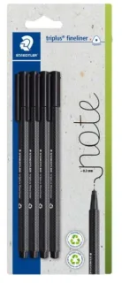Staedtler Triplus Fineliner 334 Pack de 4 Rotuladores de Punta Fina - Trazo de 0.3mm aprox. - Tinta Antisecado a Base de Agua - Carcasa Fabricada en un 97% de Plastico Reciclado - Color Negr
