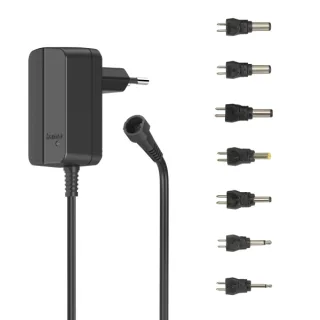 Hama Fuente de Alimentacion Multidispositivo - Potencia 7.2W - Indicador LED - 7 Adaptadores - Intensidad Maxima 0.6A - Voltaje Ajustable - Color Negro